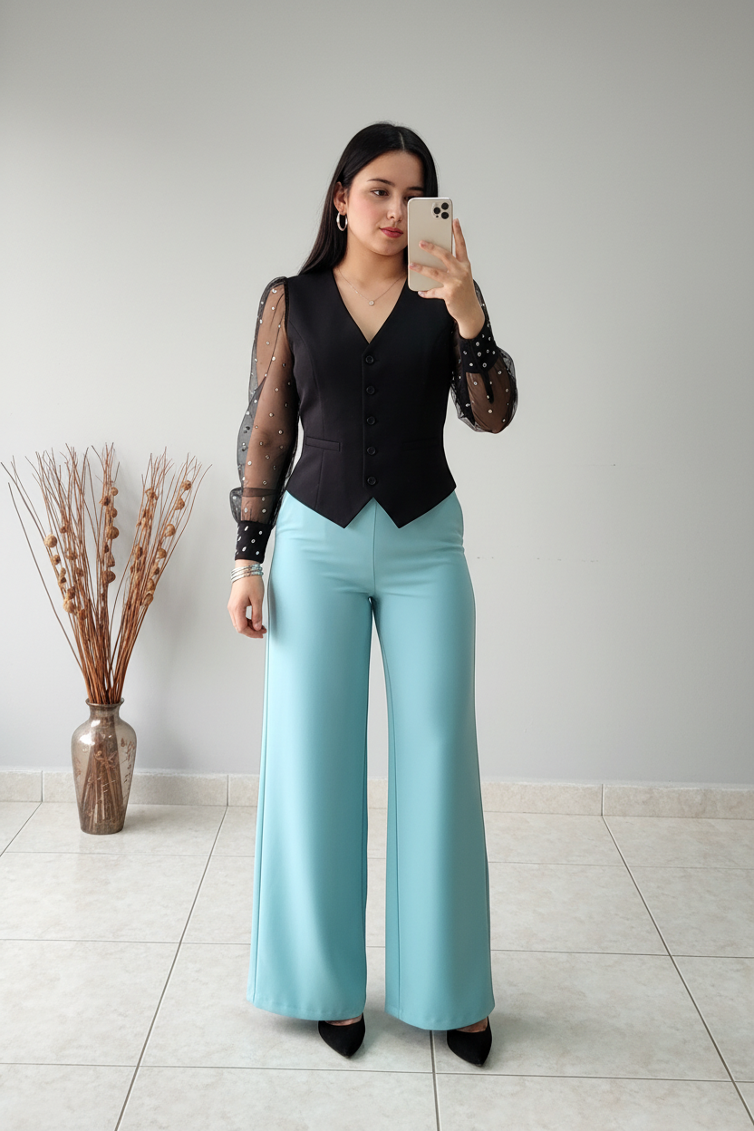 Conjunto Negro Chaleco Organza Perlas + Pantalón Palazzo Celeste cod.C584