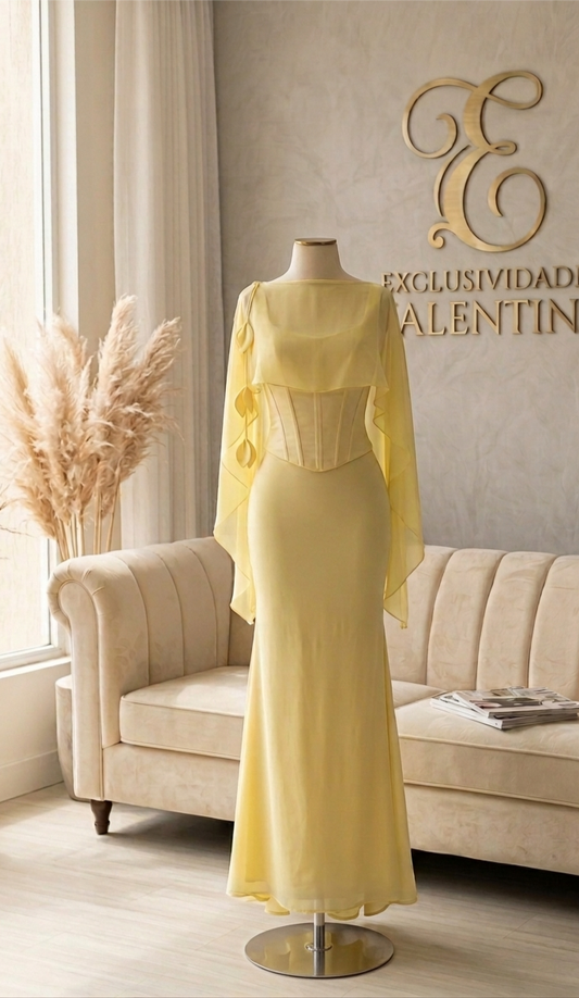 Conjunto Amarillo Limón Corset Estructurado Cape Gasa Hojas D cod.571