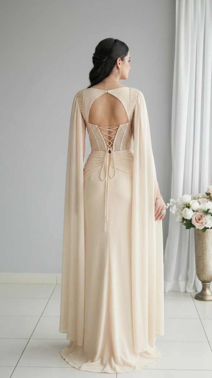 Vestido Champagne Corset Perlas Cape Sleeves cod.V556