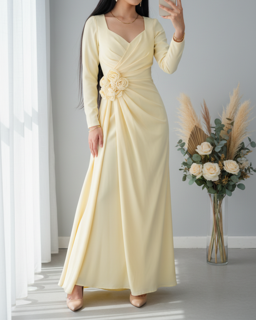 Vestido Marfil Manga Larga Drapeado Rosas D cod.V559