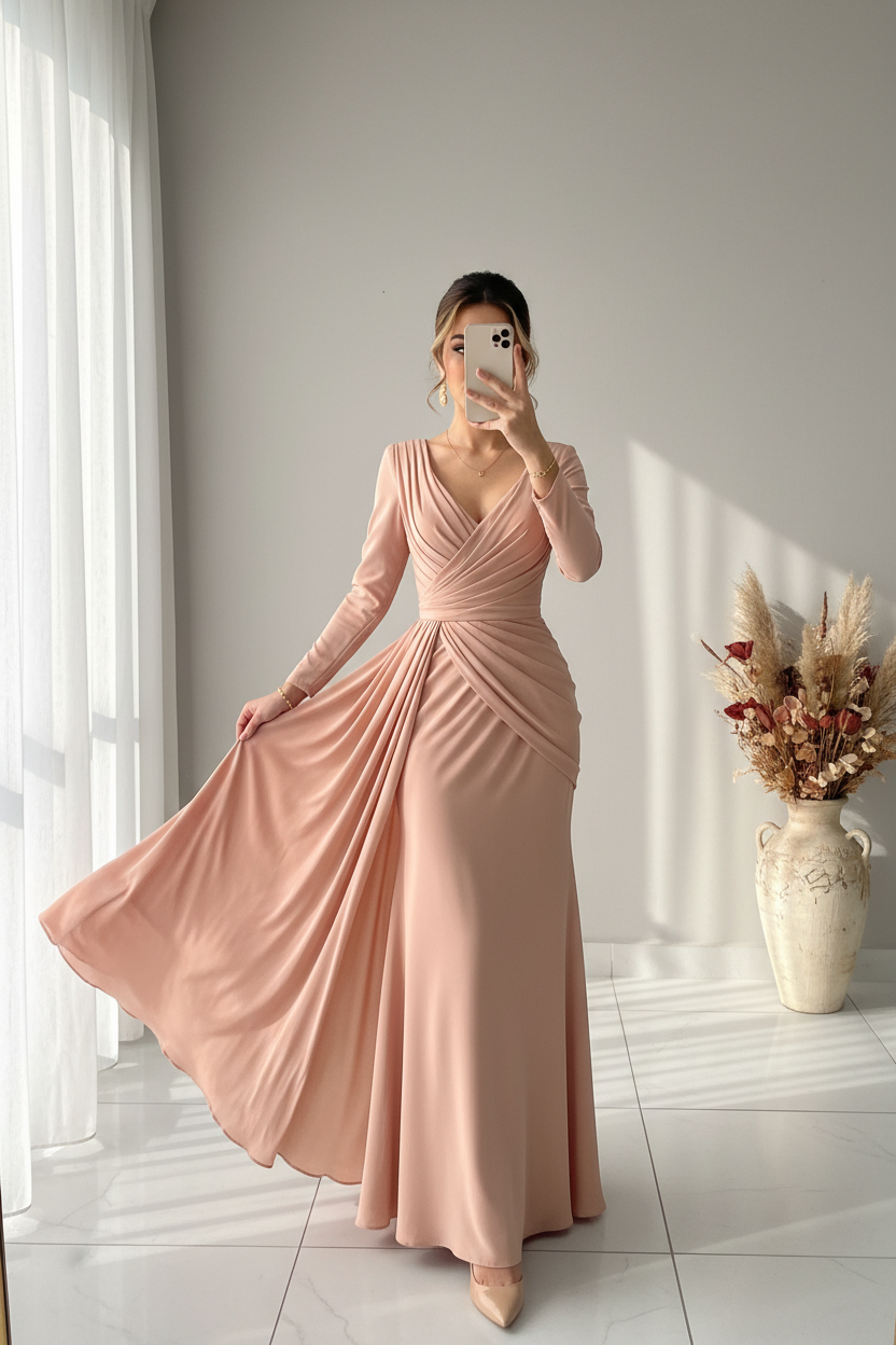 Vestido Rosa Palo Gala Escote V Manga Larga Drapeado cod.V581