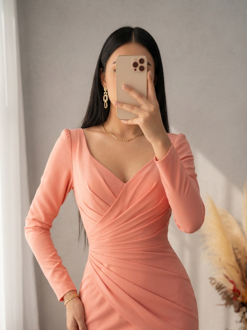 Vestido Salmón Sirena Manga Larga Escote V Drapeado Cod.V568