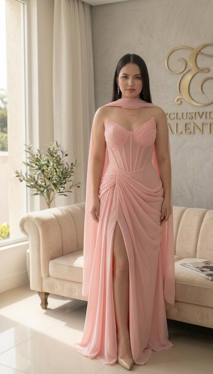 Vestido Rosa  Gasa Corset Estructurado Cape Lateral Cod.V563