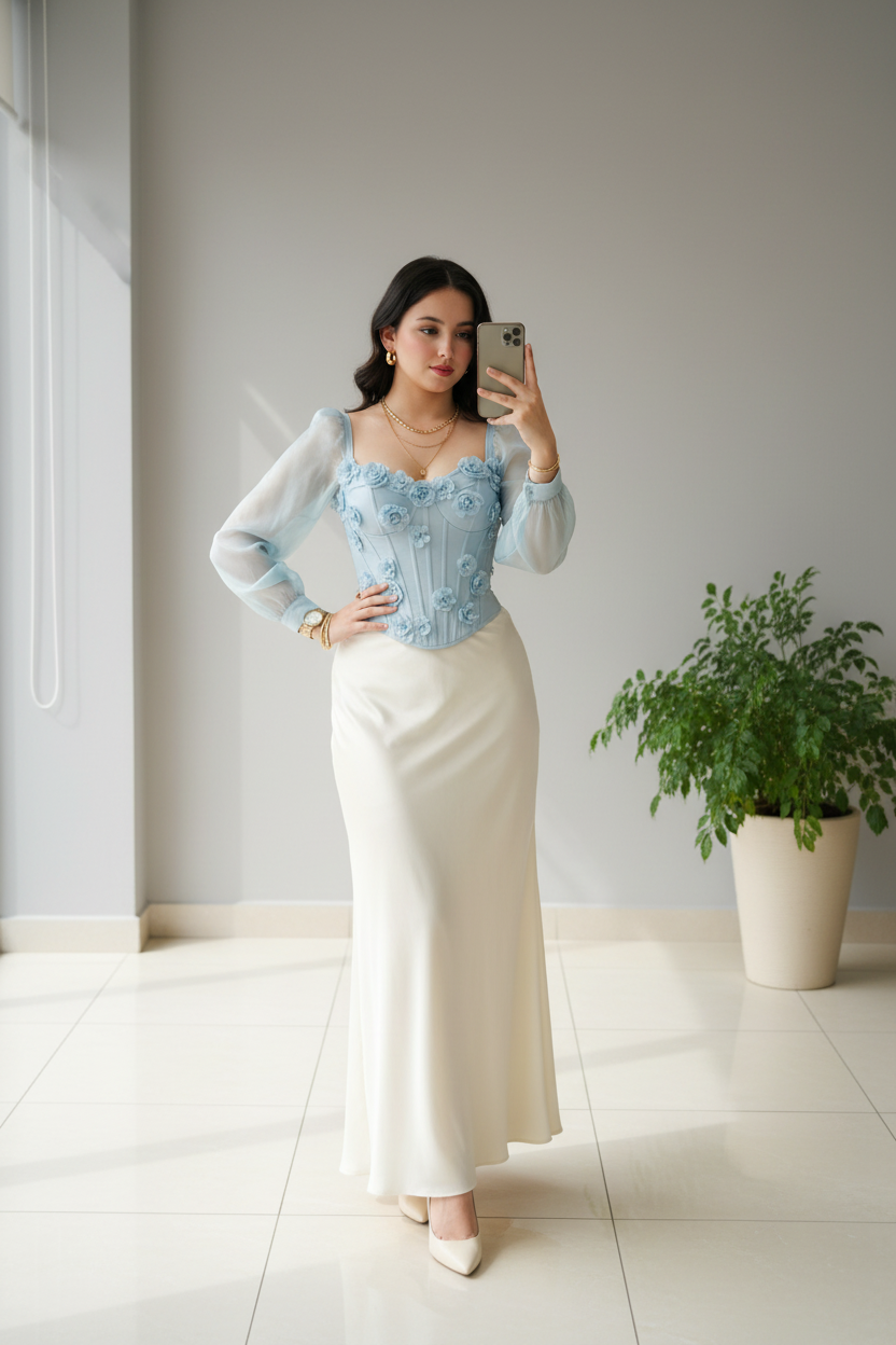 Conjunto Elegante: Corsé  Celeste con Flores 3D + Falda Blanca Sirena - Romántico cod.340
