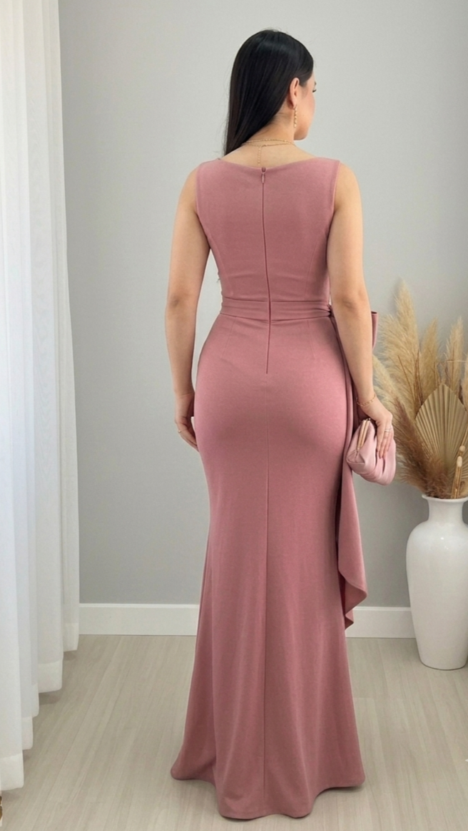 Vestido Rosa Palo Sirena Escote V Lazo Lateral cod.V565