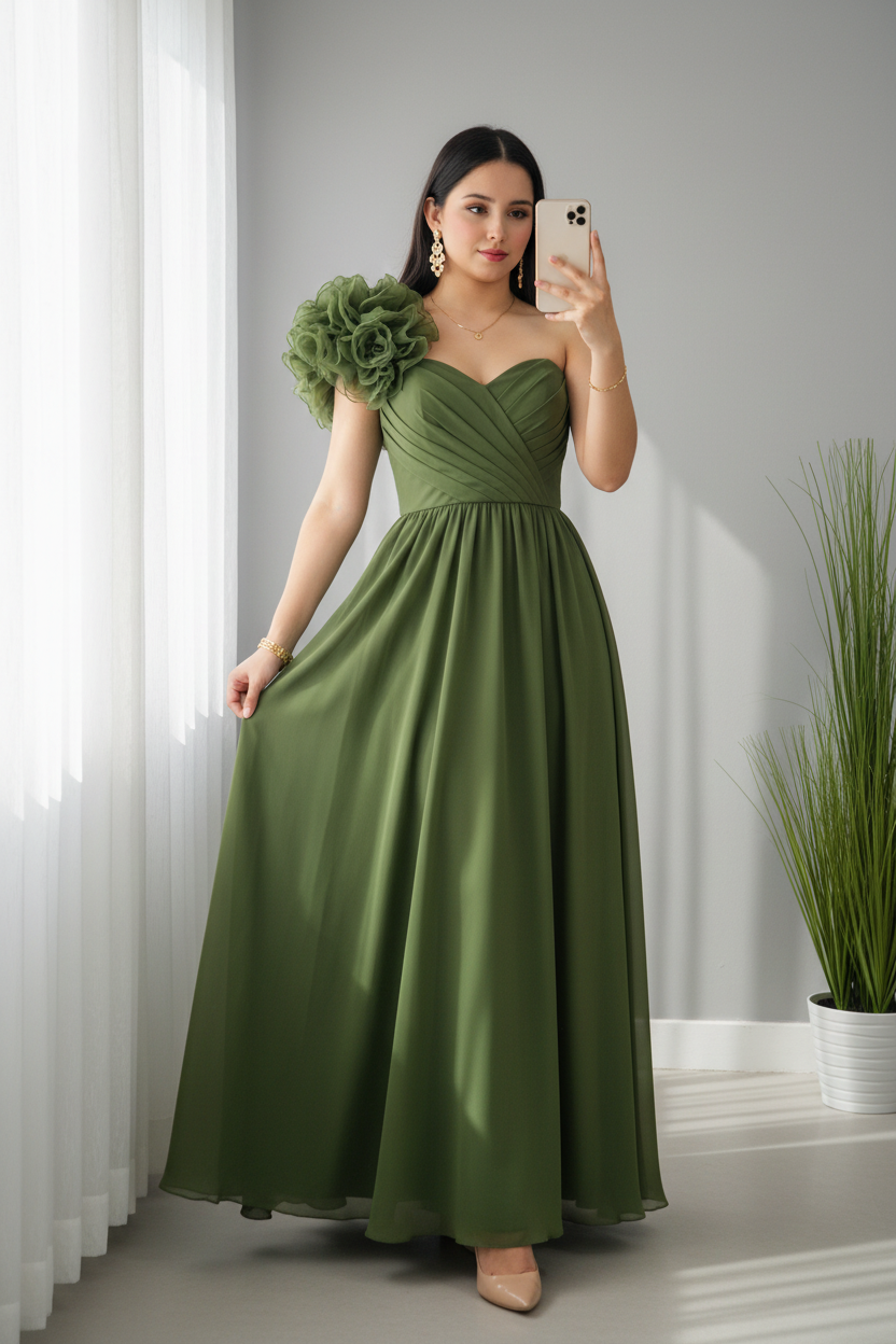 Vestido Verde Olivo Un Hombro con Rosas 3D y Falda Chiffon Línea A cod.V613
