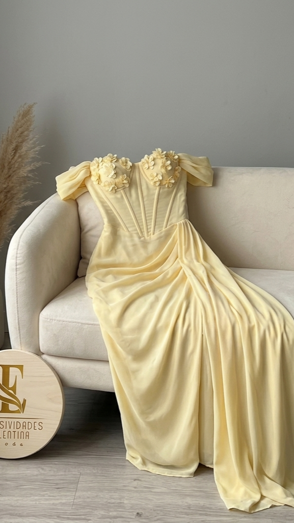 Vestido Amarillo Pastel Corset Floral Off-Shoulder