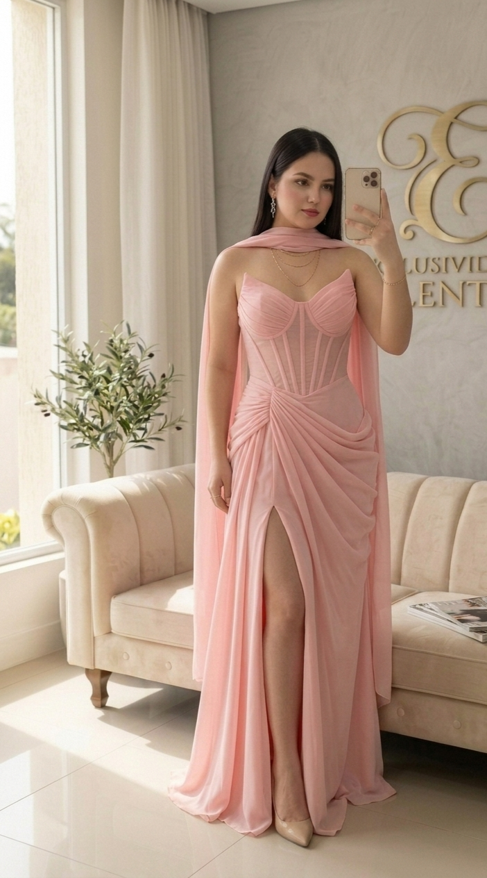 Vestido Rosa  Gasa Corset Estructurado Cape Lateral Cod.V563