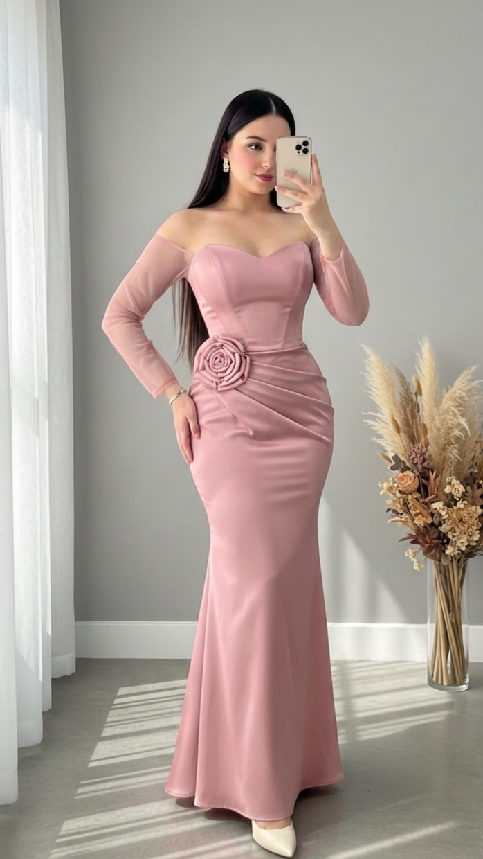 Vestido Rosa Palo Sirena Corset Rosa 3D Manga Tul