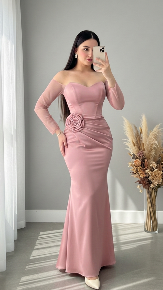 Vestido Rosa Palo Sirena Corset Rosa 3D Manga Tul