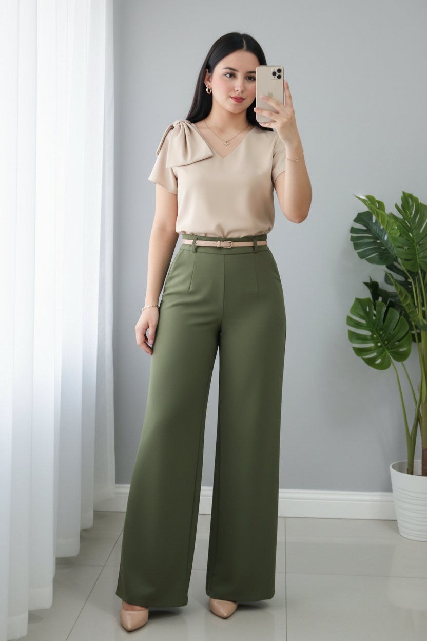 Pantalón Palazzo Verde Olivo Tiro Alto con Cinturón cod.590