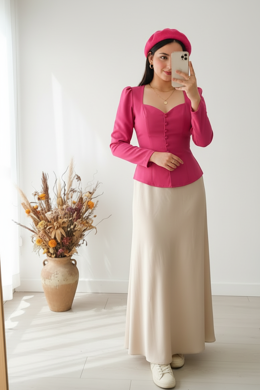 Outfit con blusa fucsia