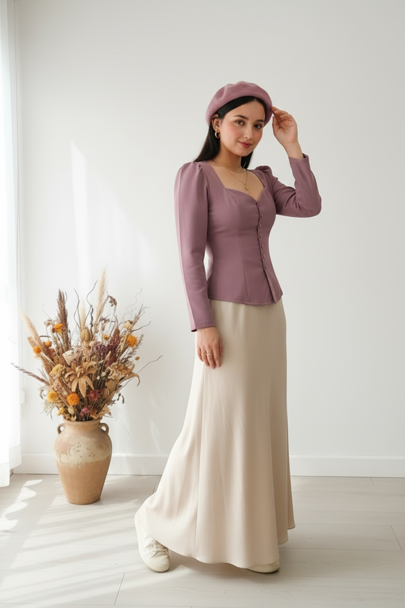 Outfit con blusa mauve y falda ivory