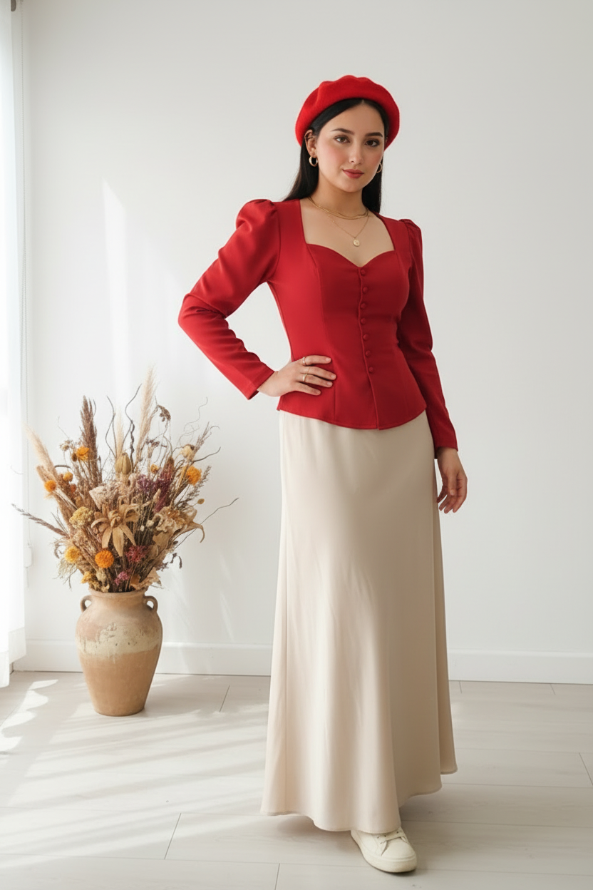 Outfit con blusa roja