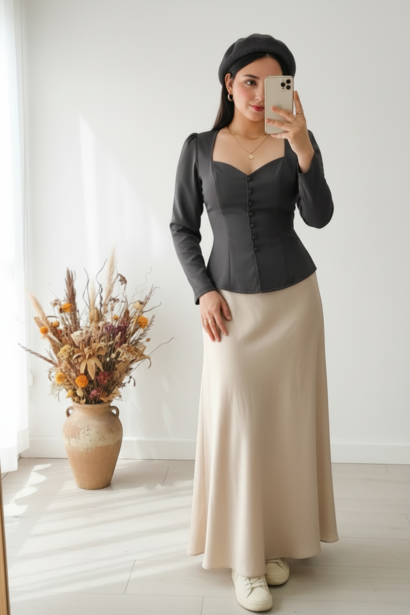 Outfit con blusa y boina gris oscuro