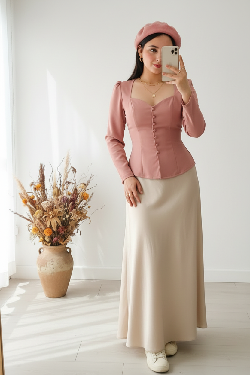Outfit con blusa y boina palo de rosa