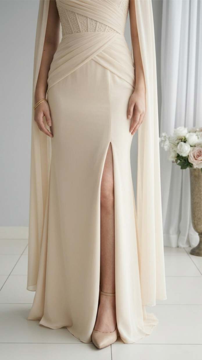 Vestido Champagne Corset Perlas Cape Sleeves cod.V556