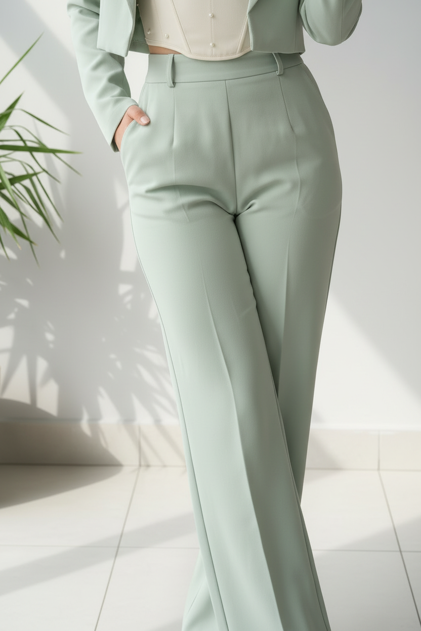 Pantalón verde menta sastre close-up