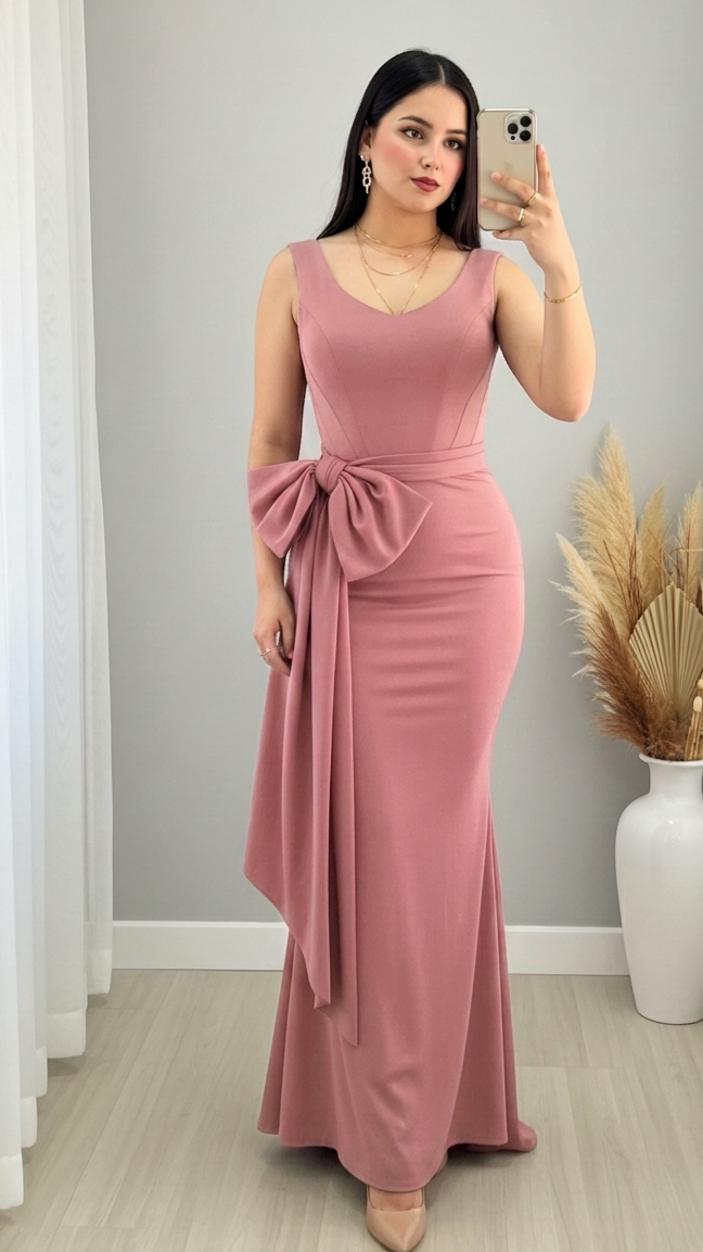 Vestido Rosa Palo Sirena Escote V Lazo Lateral cod.V565