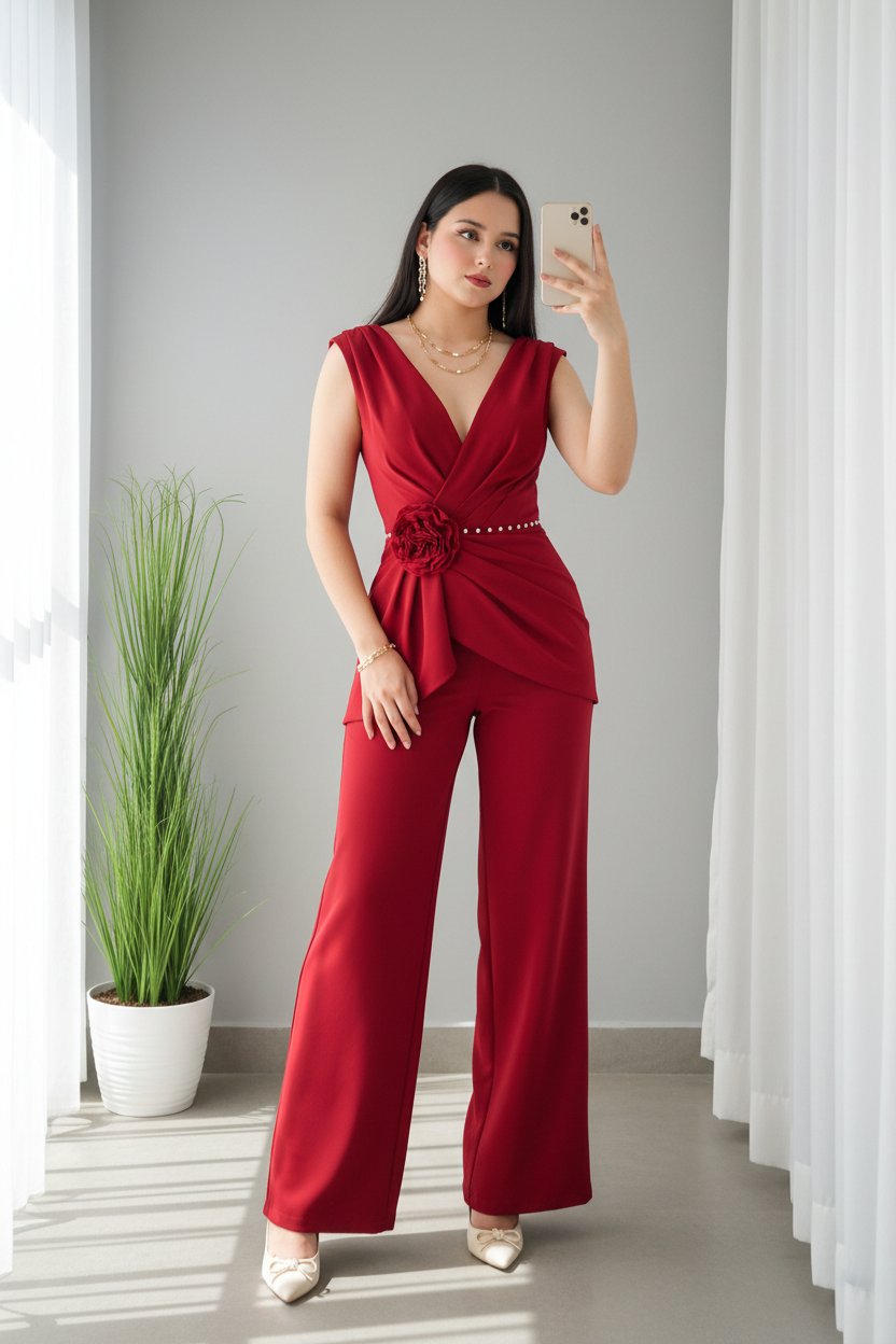 Enterizo Rojo — Escote V con Lazo y Rosa D cod.E623