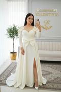 Vestido de Novia Blanco Manga Larga con Moño y Flores 3D cod.V599