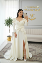 Vestido de Novia Blanco Manga Larga con Moño y Flores 3D cod.V599