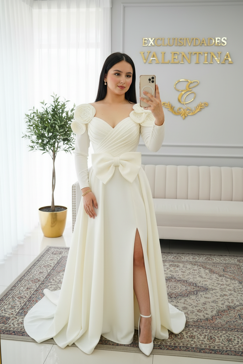Vestido de Novia Blanco Manga Larga con Moño y Flores 3D cod.V599
