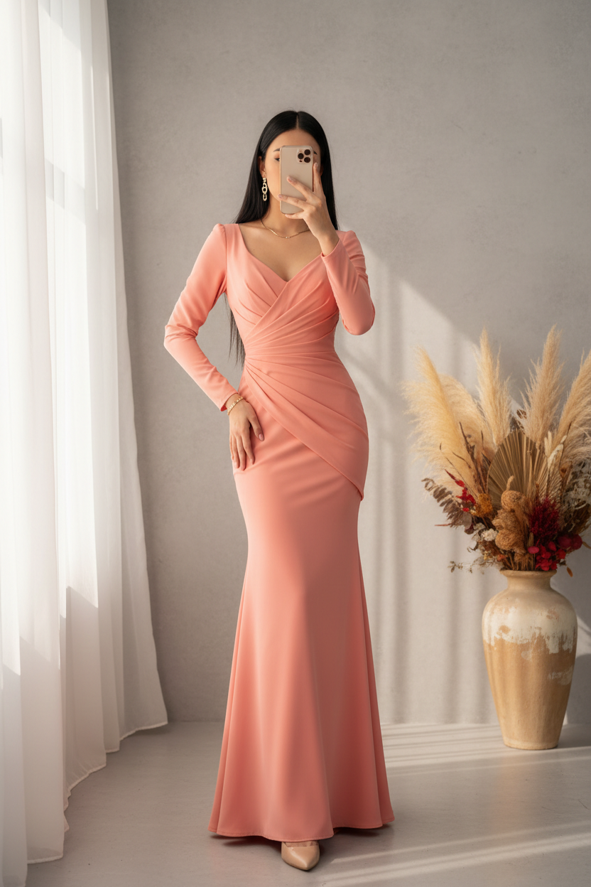 Vestido Salmón Sirena Manga Larga Escote V Drapeado Cod.V568