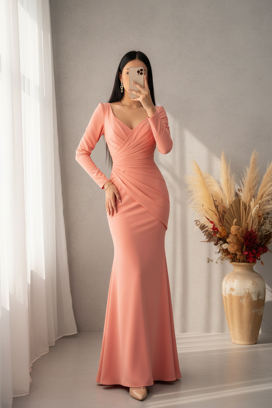 Vestido Salmón Sirena Manga Larga Escote V Drapeado Cod.V568