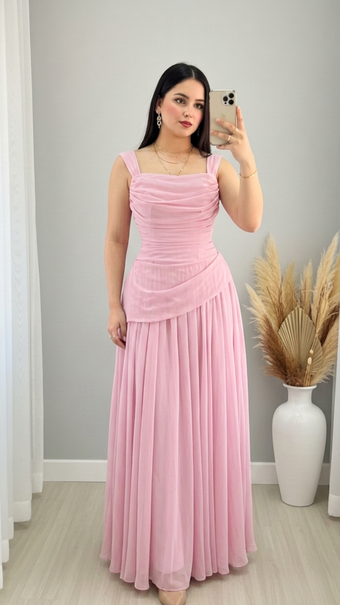 Vestido Rosa Palo Corset Drapeado Falda Plisada cod.V560
