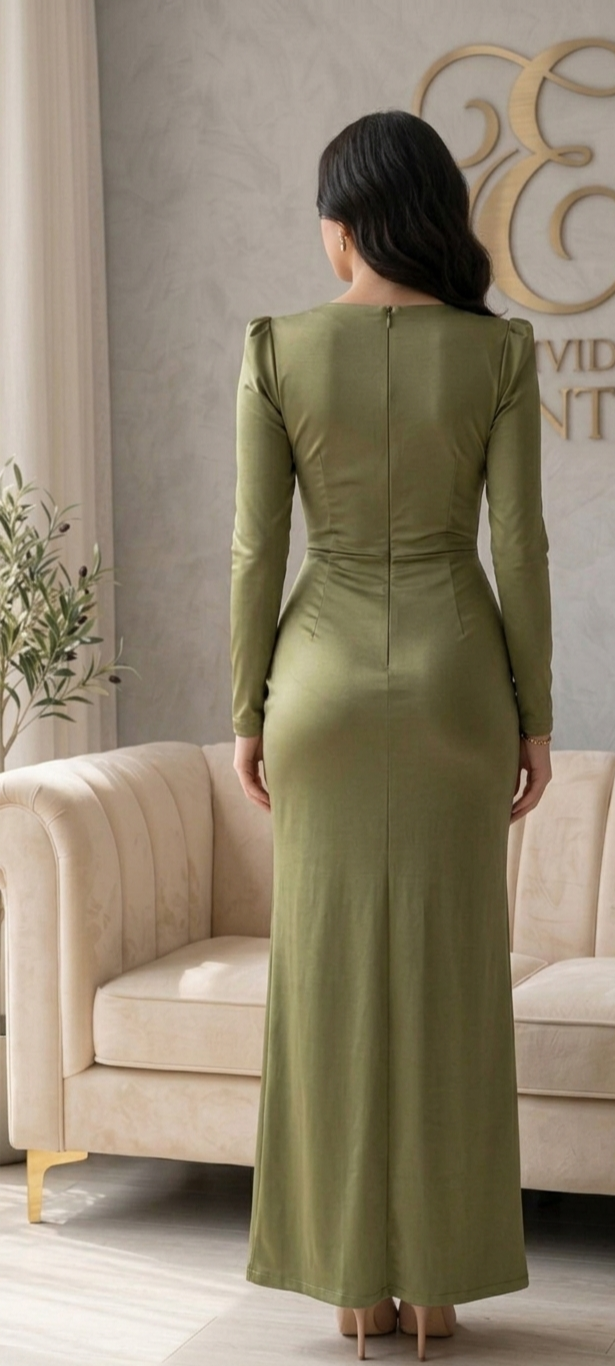 Vestido Verde Oliva  Manga Larga Sweetheart Drapeado Abertura cod.V574