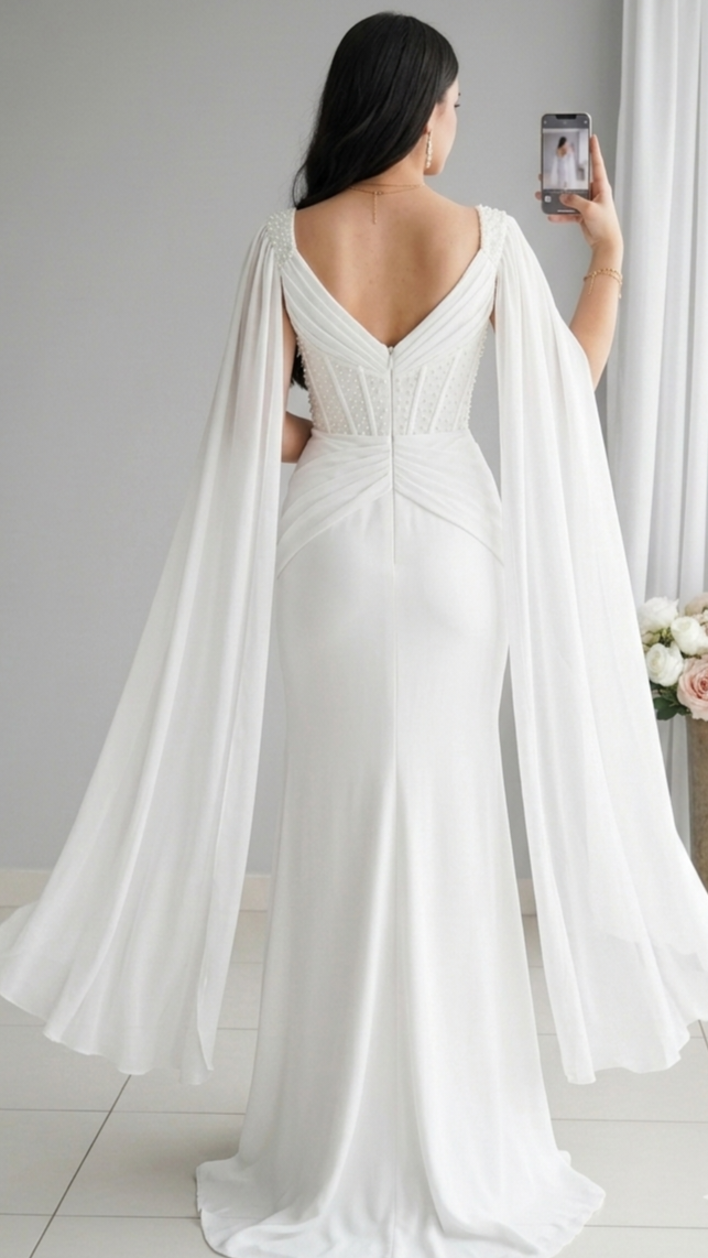 Vestido Blanco Sirena Corset Perlas Cape Manga Abertura cod.V564