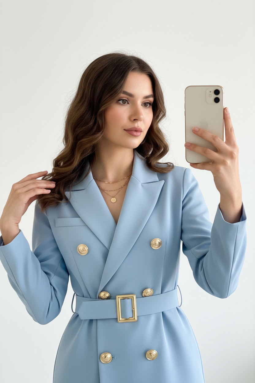 Retrato con vestido blazer azul claro