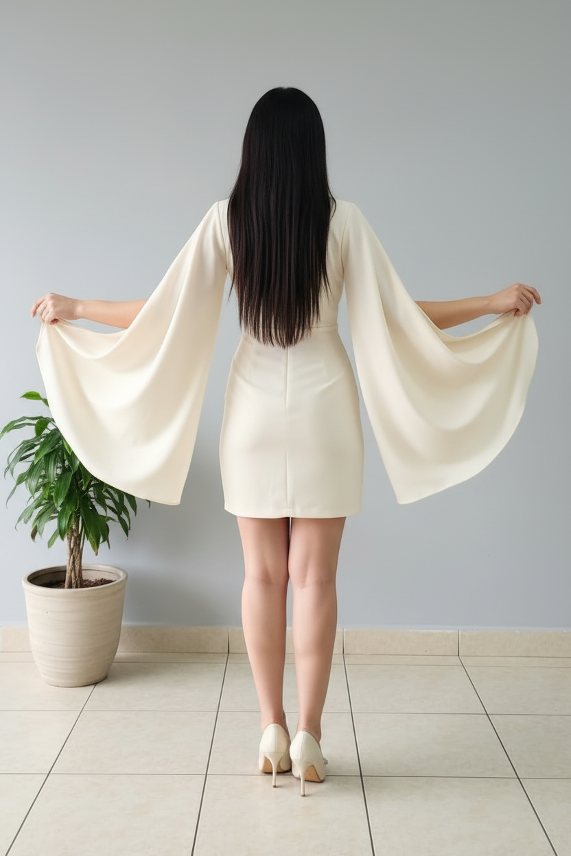 Vestido Marfil Mini Escote V Cruzado con Mangas Capa de Chifón Tipo Ángel cod.489