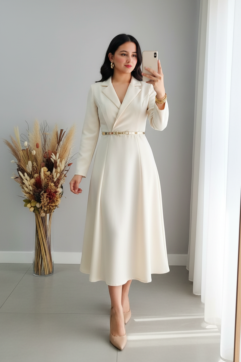 Vestido Ivory Tipo Blazer con Falda A-Line y Cinturón Dorado cod.V373