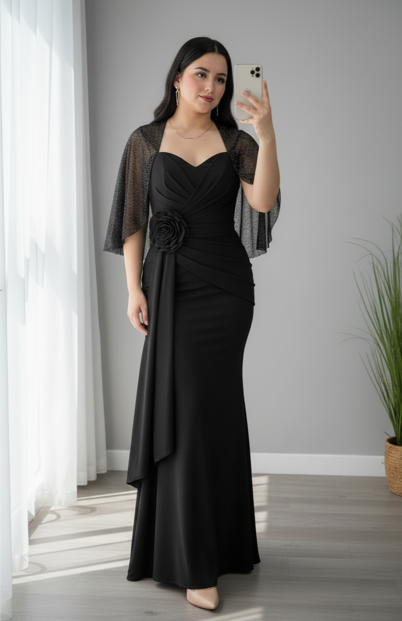 Vestido Negro Sirena con Capa de Tul Brillos y Rosa D cod.V277