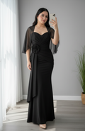 Vestido Negro Sirena con Capa de Tul Brillos y Rosa D cod.V277