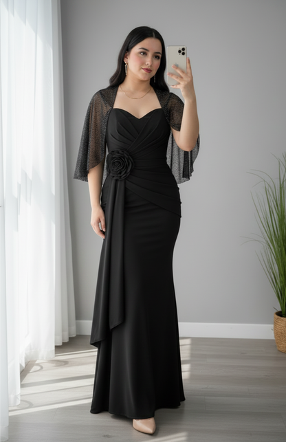 Vestido Negro Sirena con Capa de Tul Brillos y Rosa D cod.V277