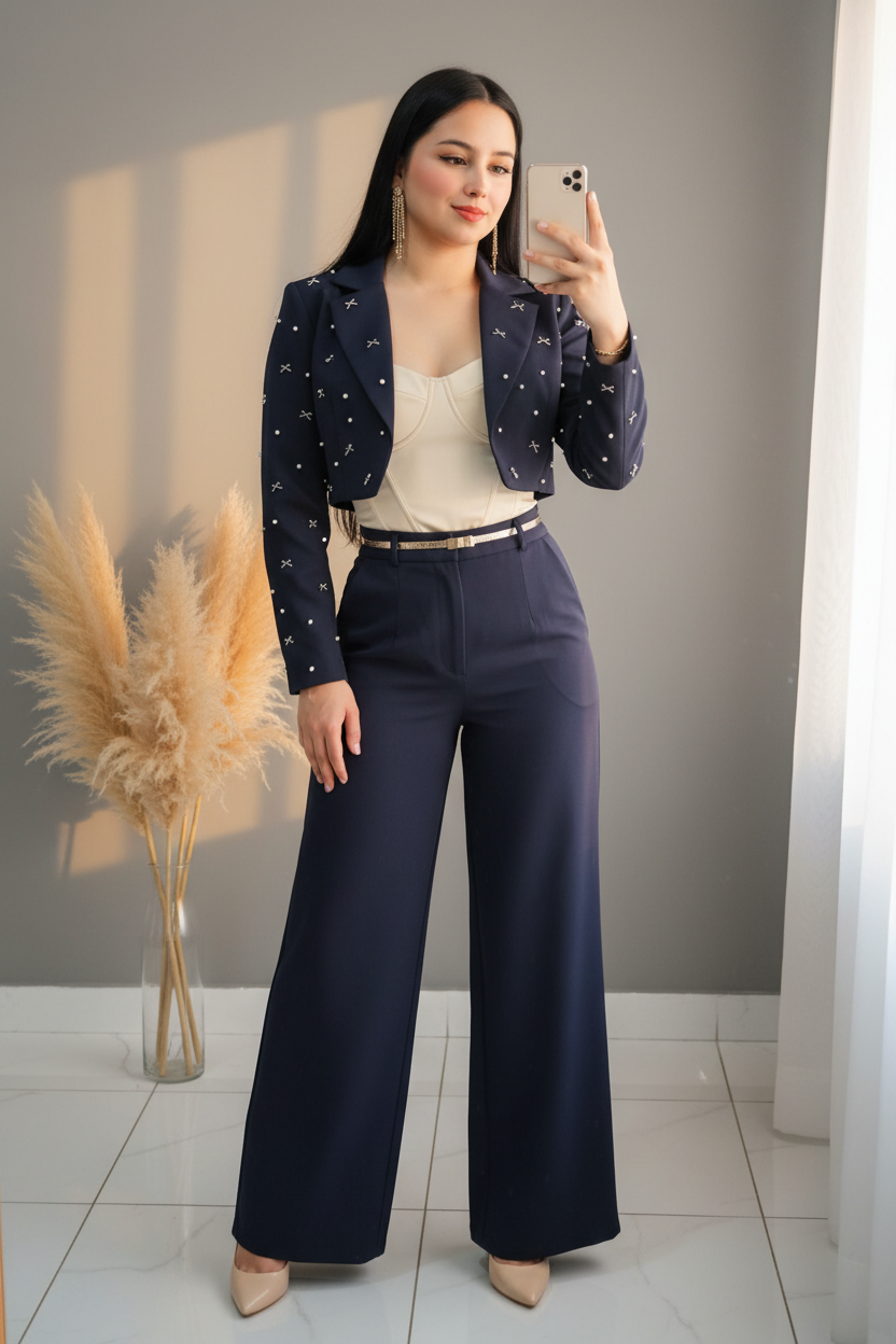 Conjunto Navy Pearl Blazer Cropped & Palazzo cod.C229