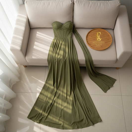 Vestido de Gala Verde Olivo con Corsé Estructurado y Capa Drapeada - Elegante A-Line Largo cod.364
