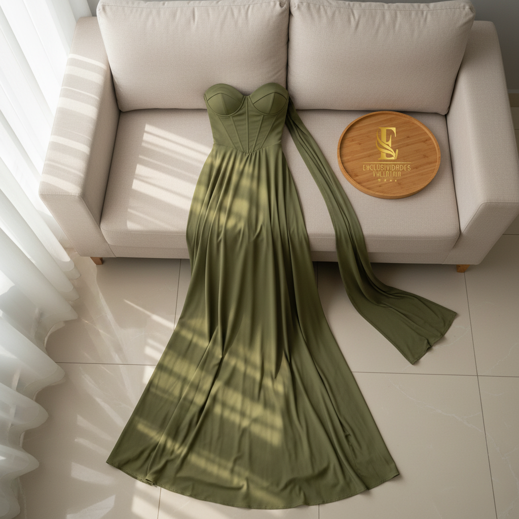 Vestido de Gala Verde Olivo con Corsé Estructurado y Capa Drapeada - Elegante A-Line Largo cod.364