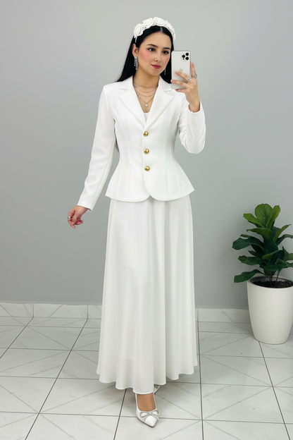Conjunto Formal Blanco Blazer con Botones Dorados y Falda Maxi cod.501