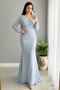 Vestido Azul Acero Manga Larga Sirena con Escote V cod.960