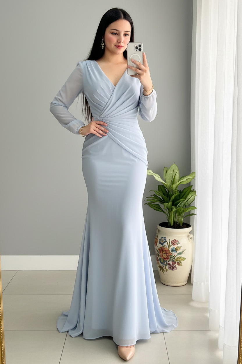 Vestido Azul Acero Manga Larga Sirena con Escote V cod.960