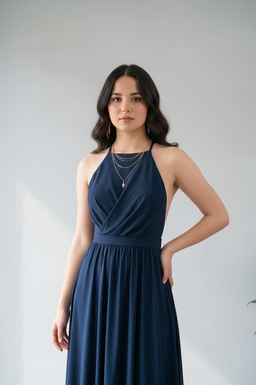 Vestido Largo Azul Marino Halter con Abertura Lateral cod.296
