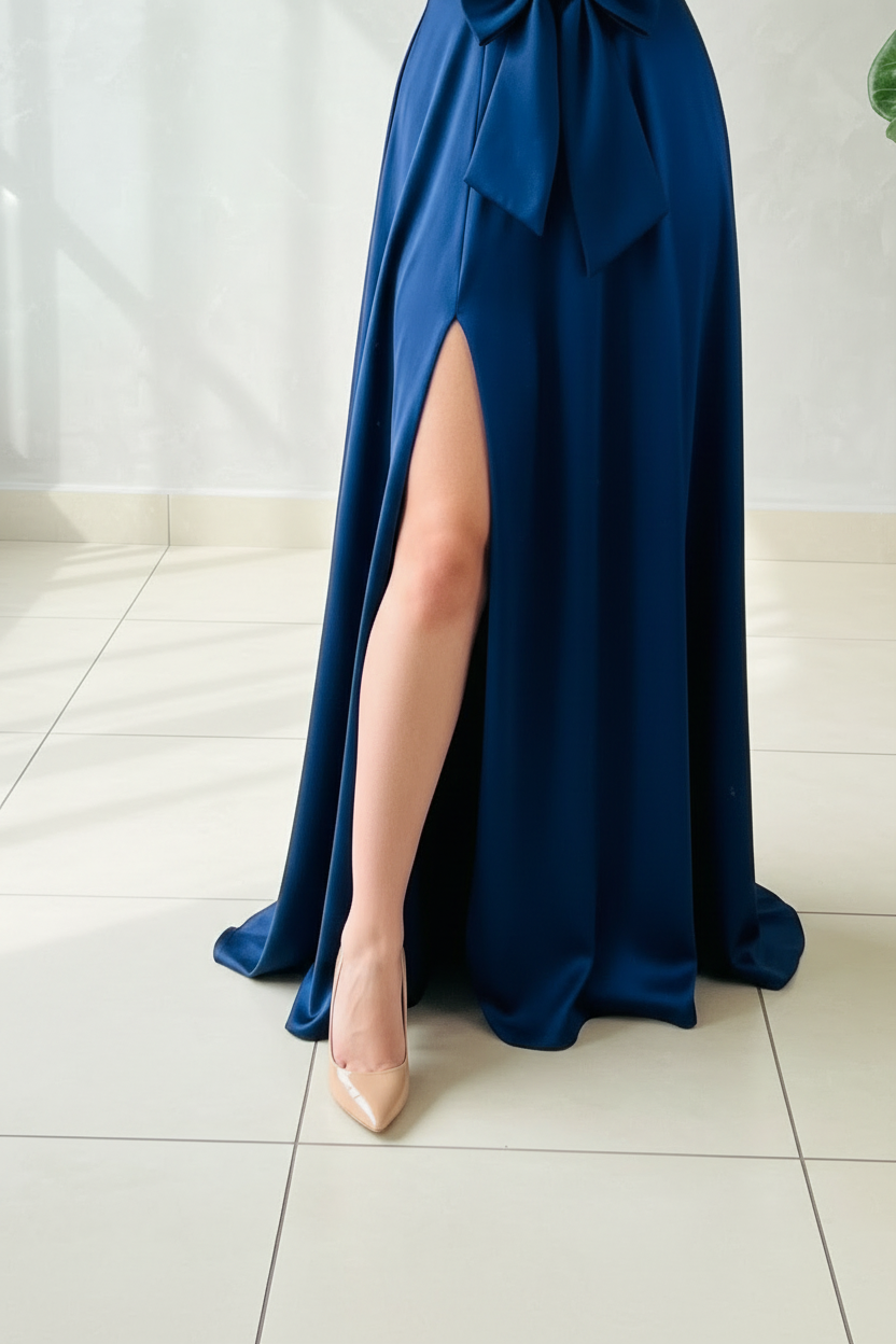 Vestido Azul Marino Off-Shoulder con Drapeado Lateral y Cola cod.441