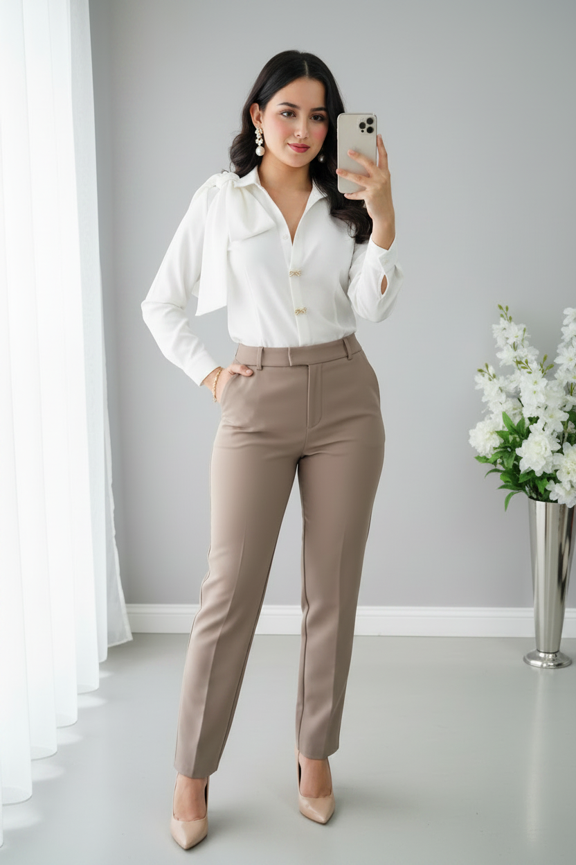 Pantalón beige talle alto recto cigarette pinzas C.1948