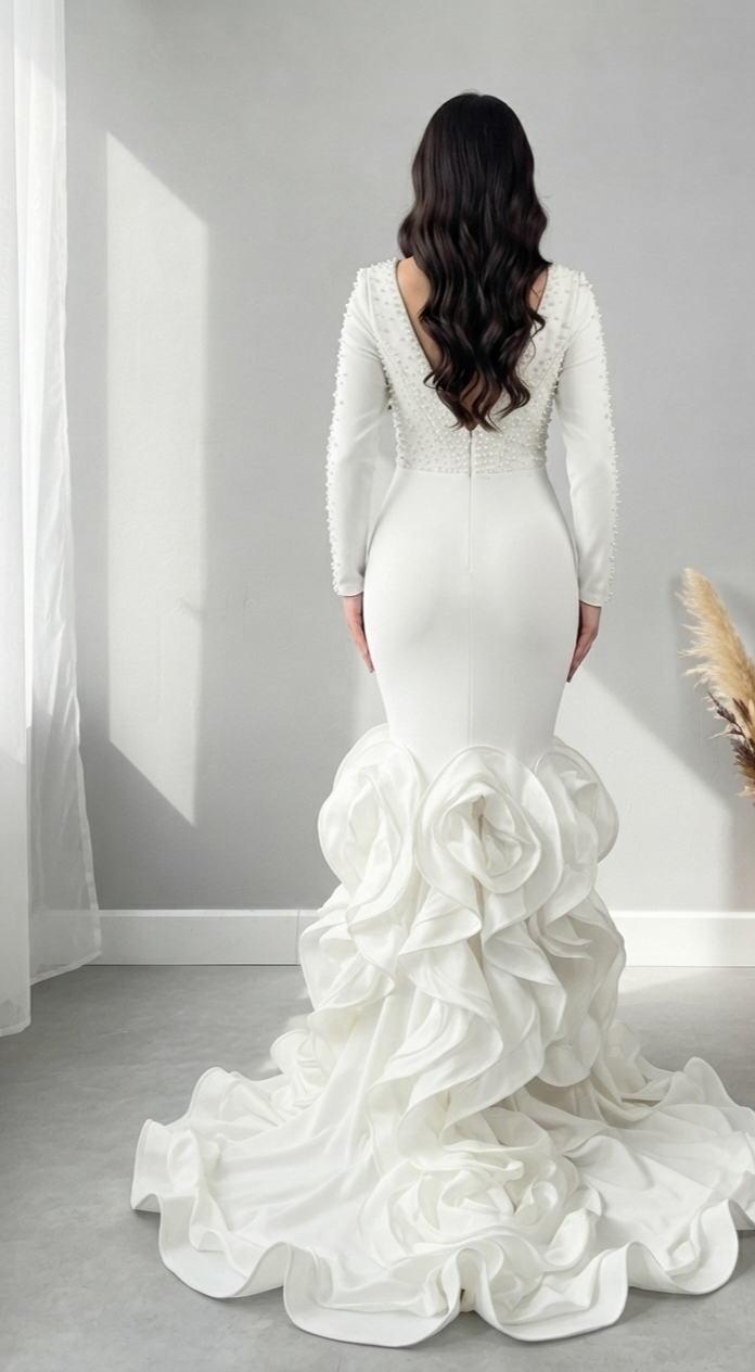 Vestido Sirena Blanco con Perlas y Falda de Volantes en Capas