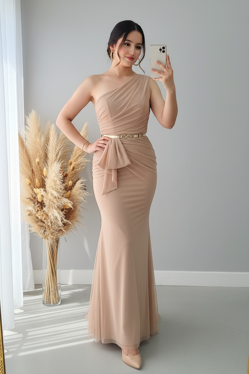 Vestido Sirena Champagne Un Hombro Tul Drapeado Lazo cod.V405