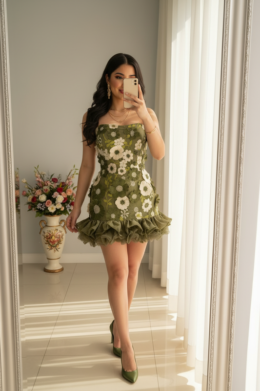 Mini Vestido Verde Olivo Flores Blancas cod.V764